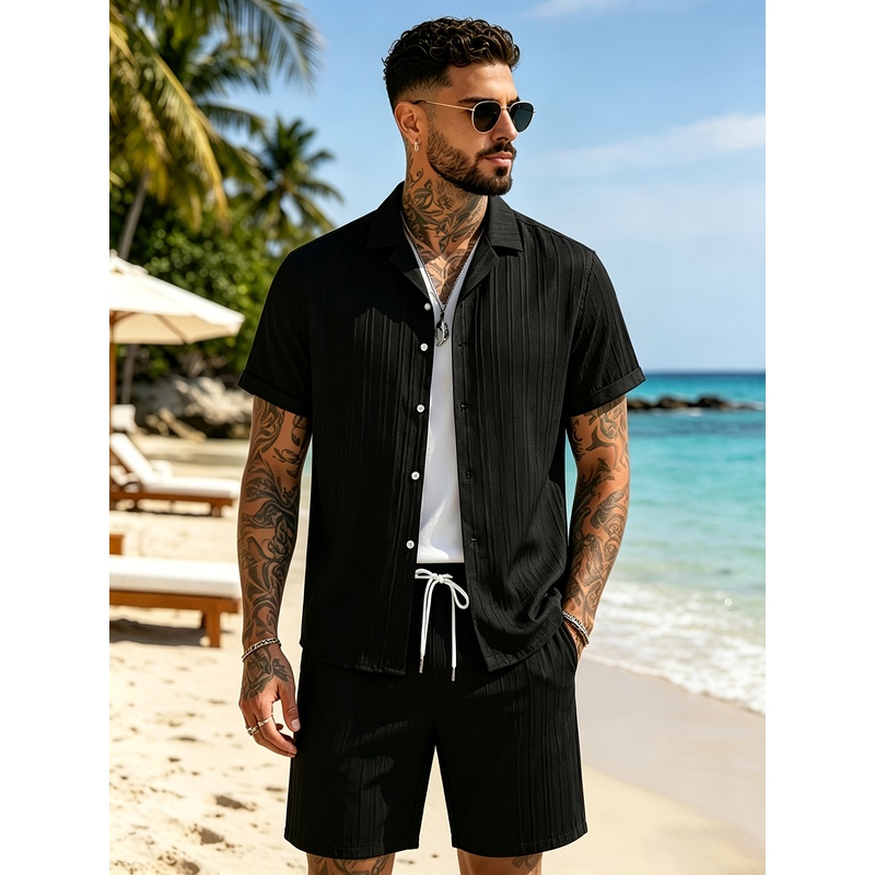 Summer Clothing Vacation - 2Men's Summer Casual Suit Set，Cuban collar