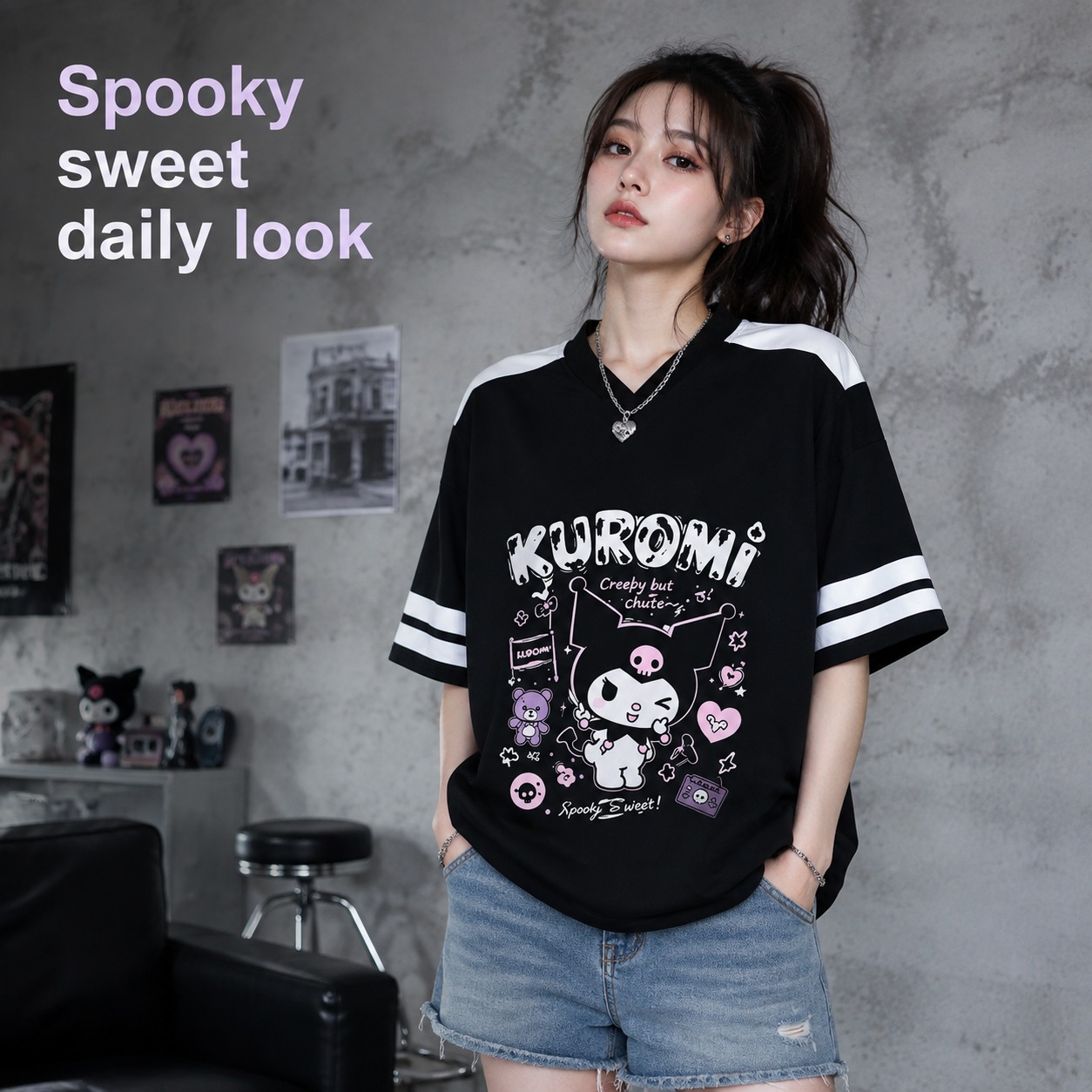 Summer Goth Clothing - Black White Kuromi Oversized V Neck