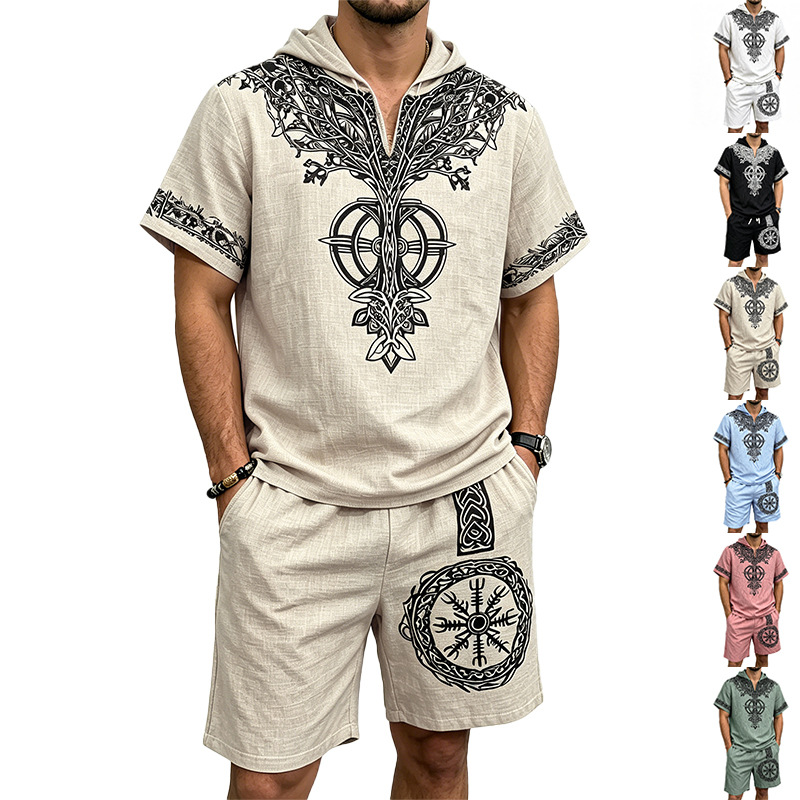 Linen Shorts Men - Men Linen Look Viking Tree Print