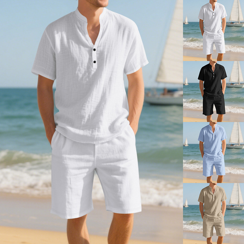Linen Shorts Men - Summer Loose Linen Men's Henley Shirt