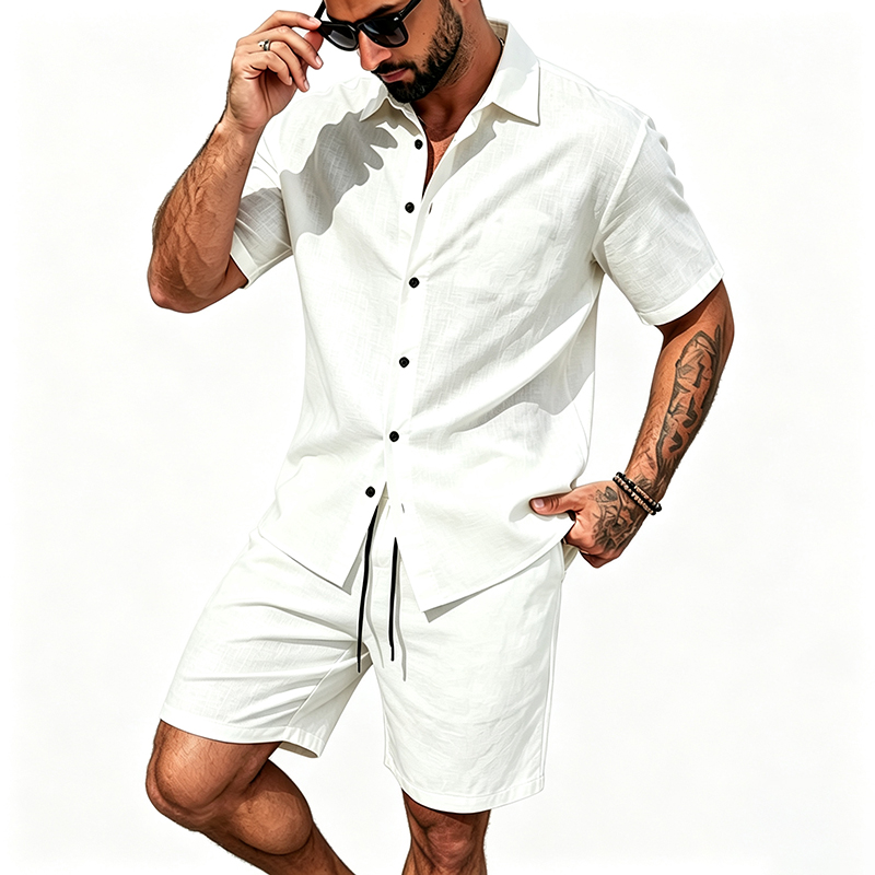 Men Linen Two Piece Outfit Sho - Linen Shorts Men review and price