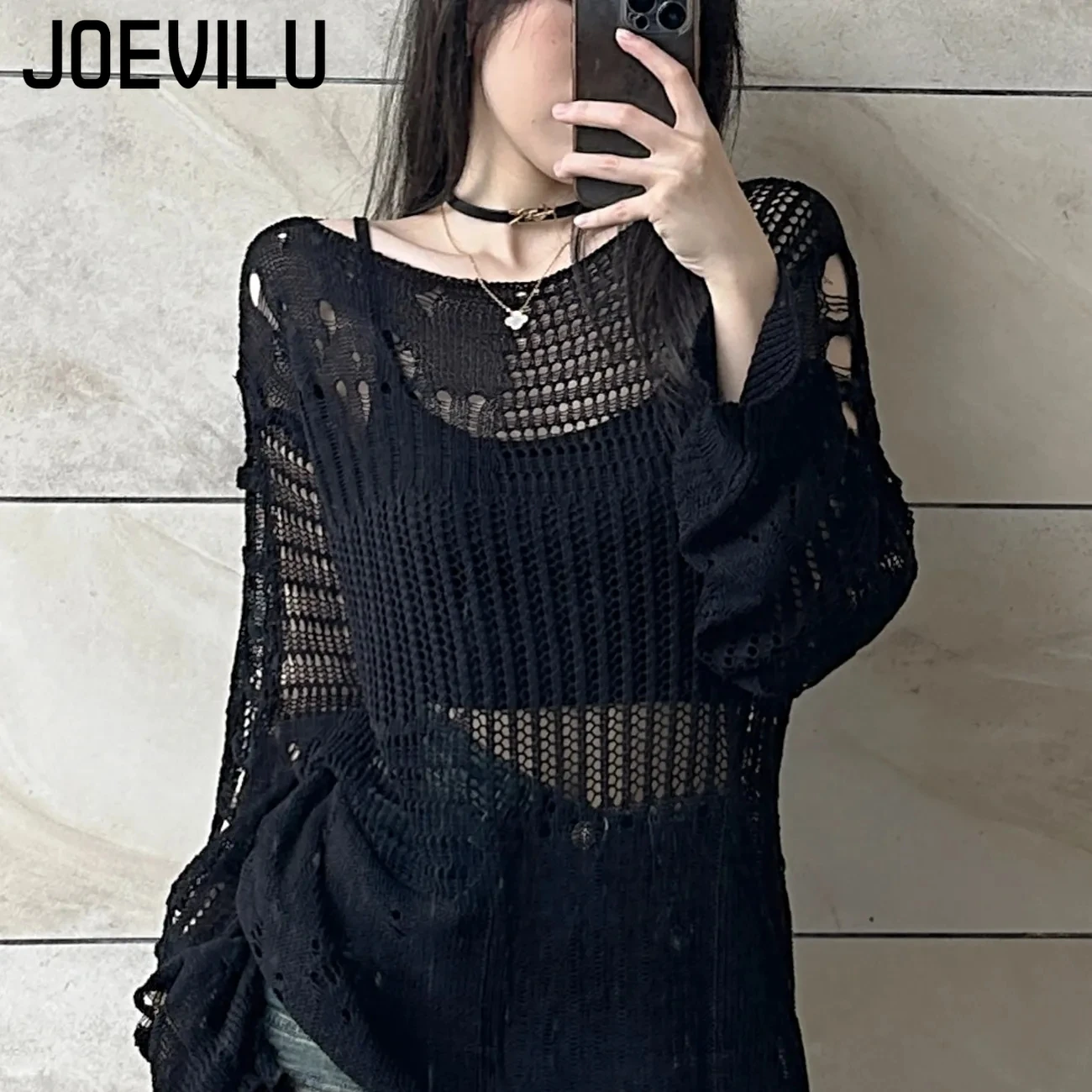 JOEVILU Hollow Knit Blouse Sum - Summer Goth Clothing review and price