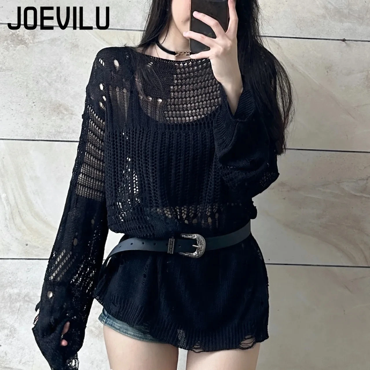 JOEVILU Hollow Knit Blouse Sum - Summer Goth Clothing review and price