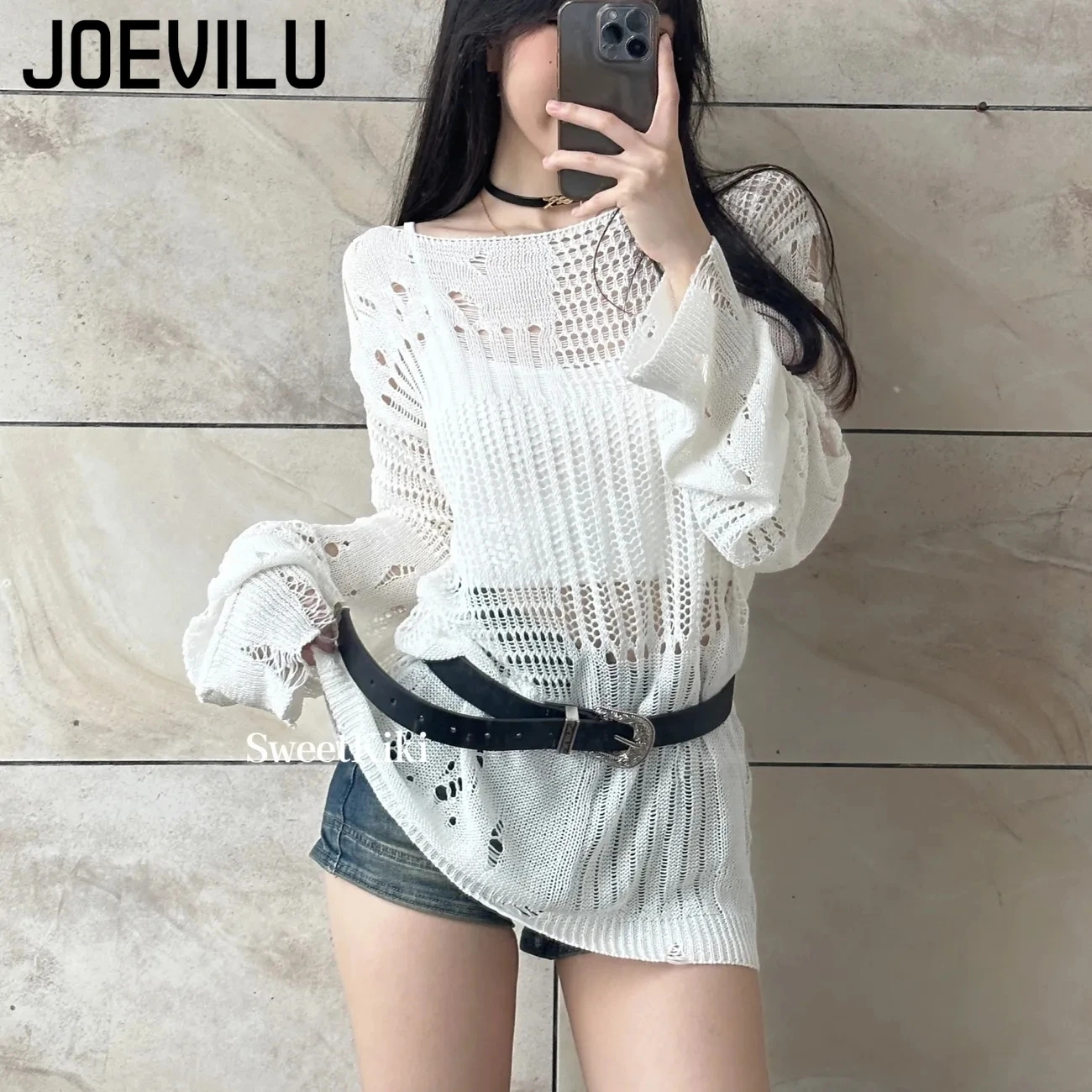 JOEVILU Hollow Knit Blouse Sum - Summer Goth Clothing review and price