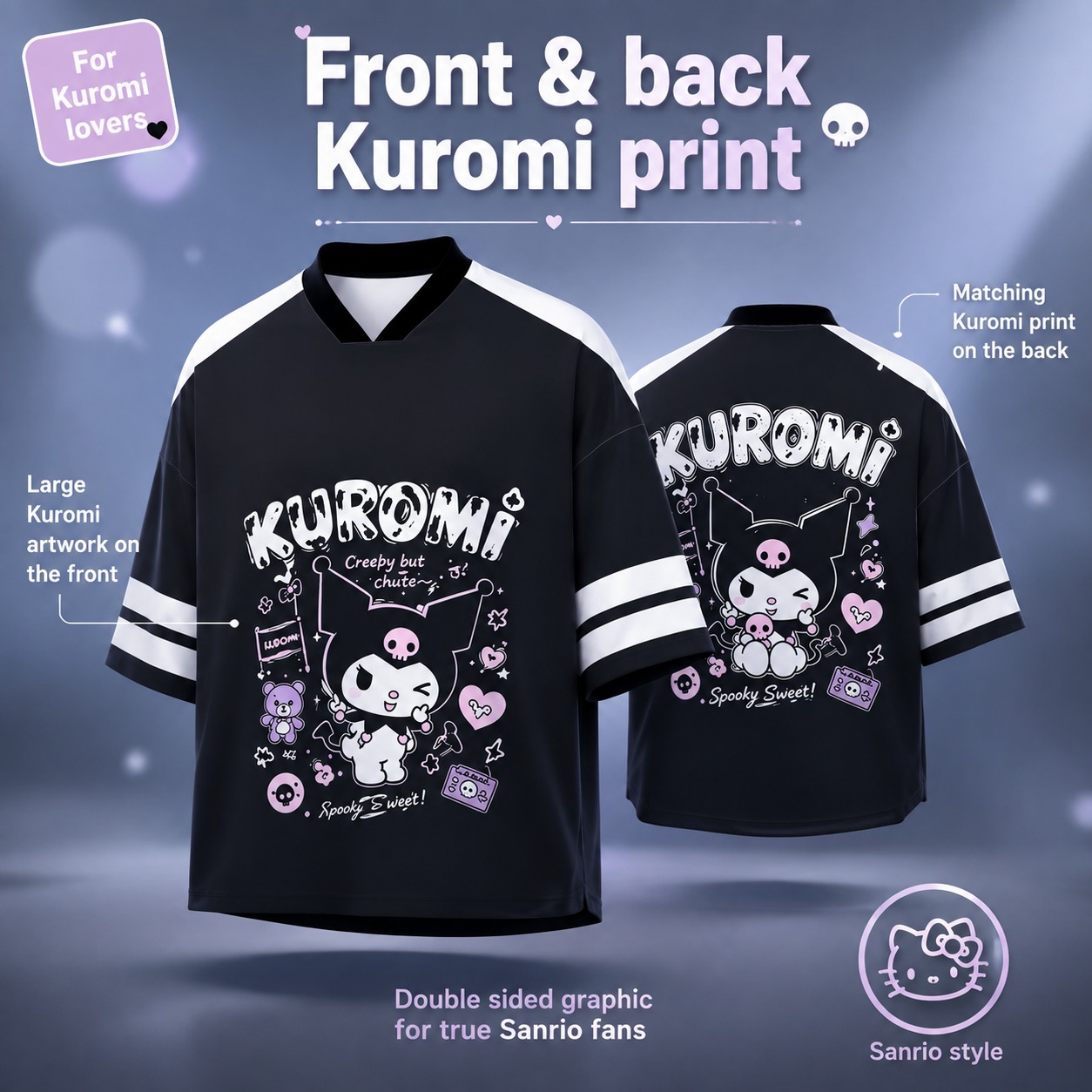 Black White Kuromi Oversized V - Summer Goth Clothing review and price