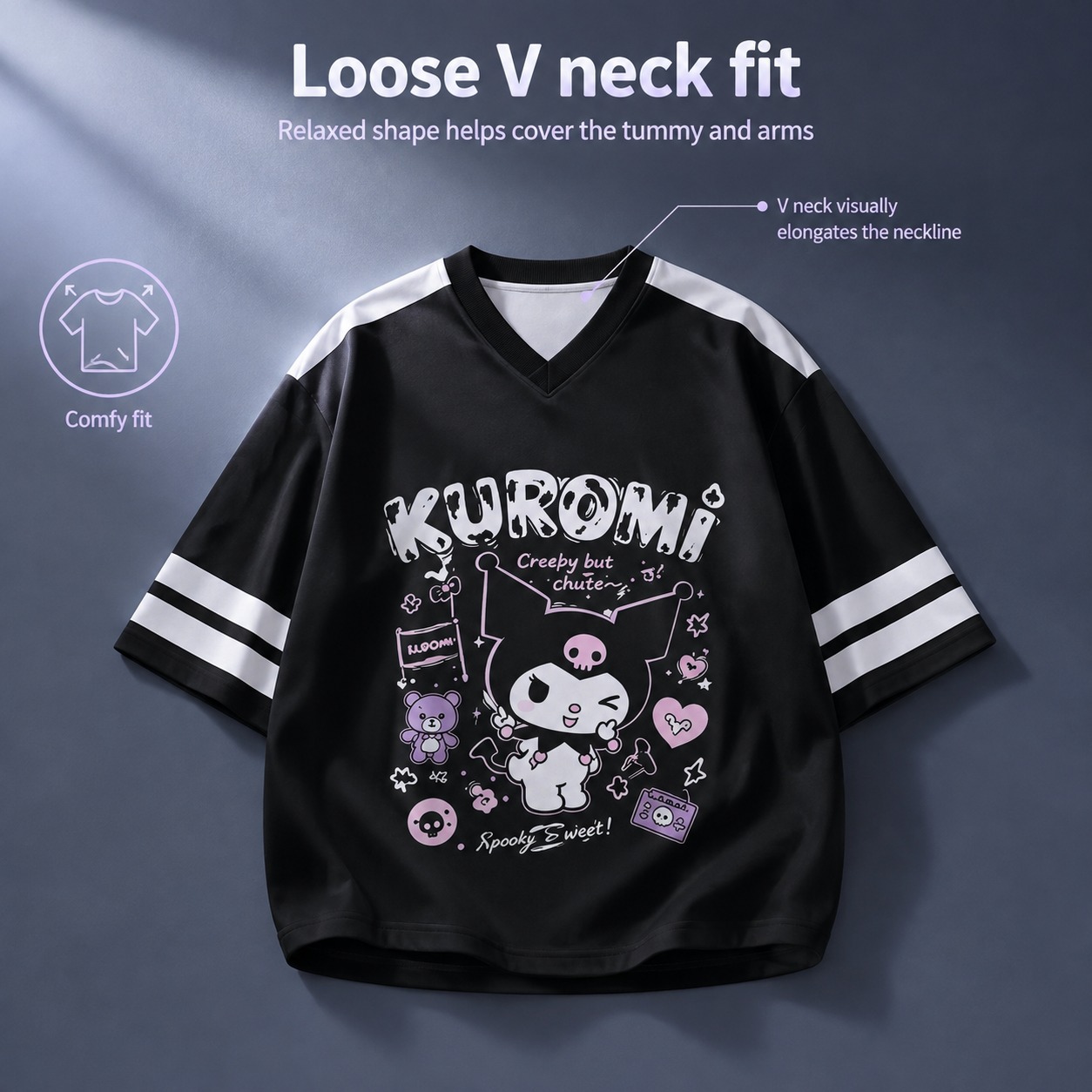 Black White Kuromi Oversized V - Summer Goth Clothing review and price